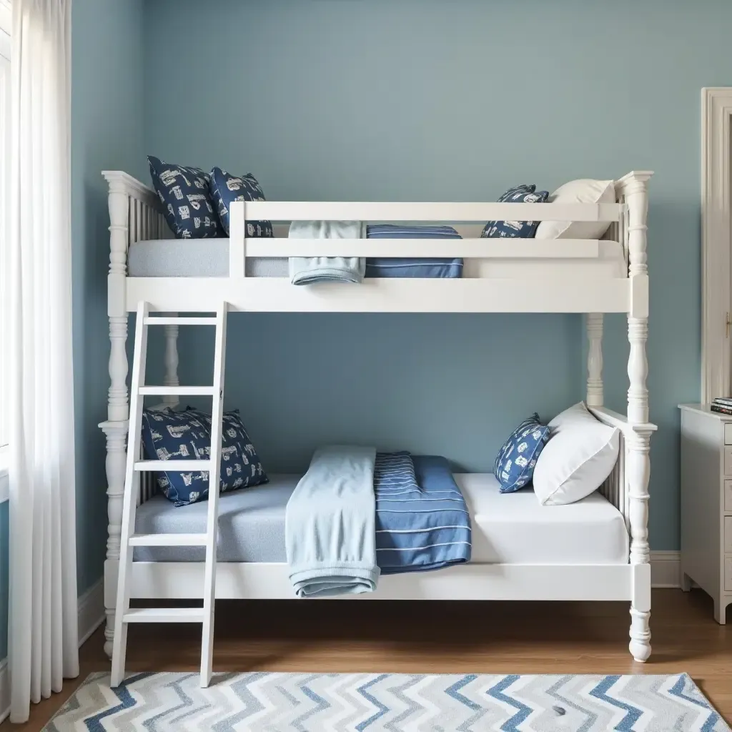 a photo of a nautical-themed bunk bed with blue accents