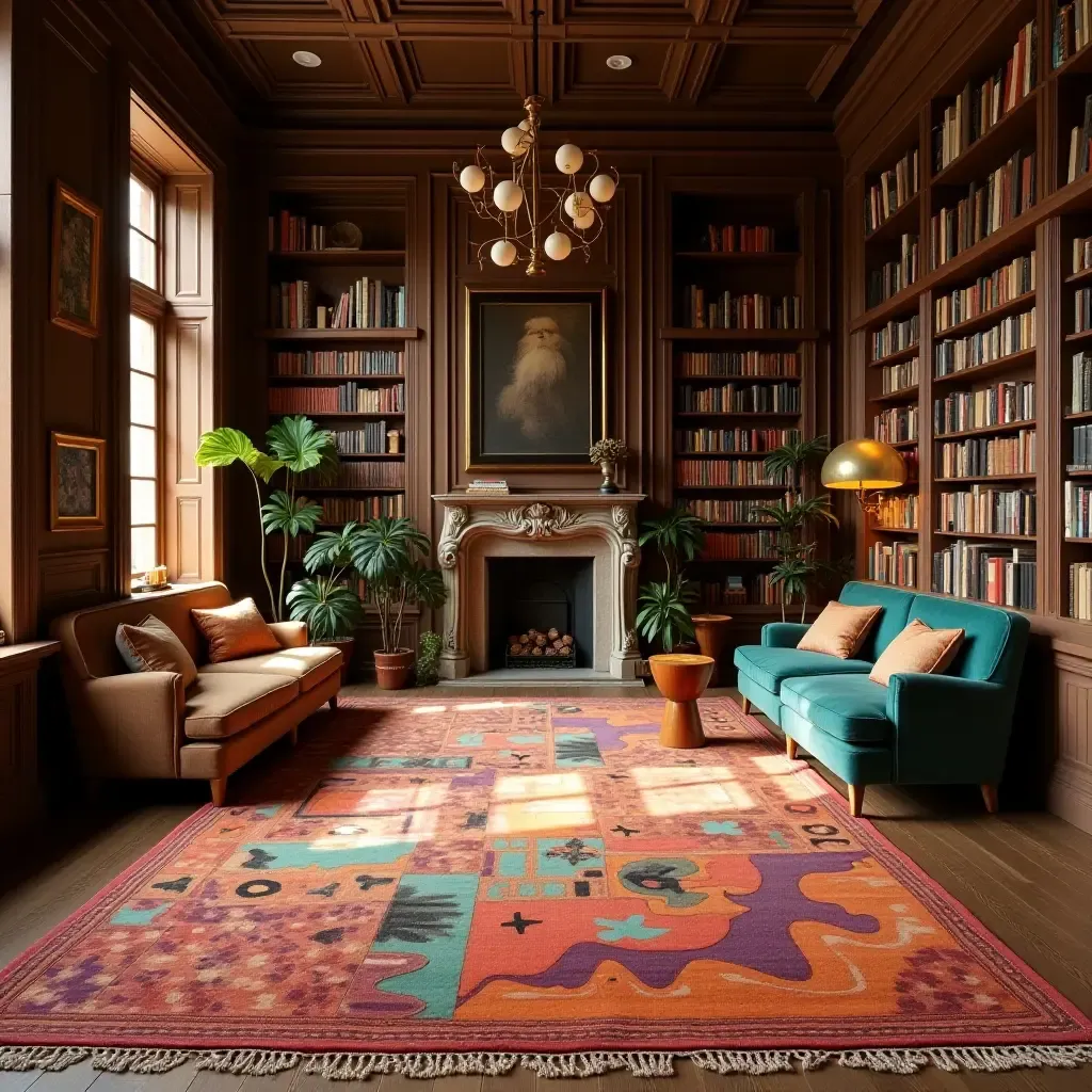 a photo of a retro-style rug with funky patterns in a vintage library