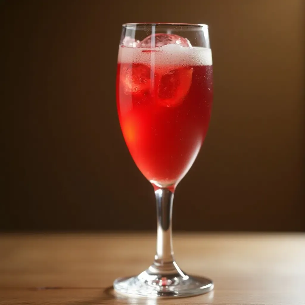 a photo of a Kir Royale cocktail with crème de cassis and champagne in a tall flute.