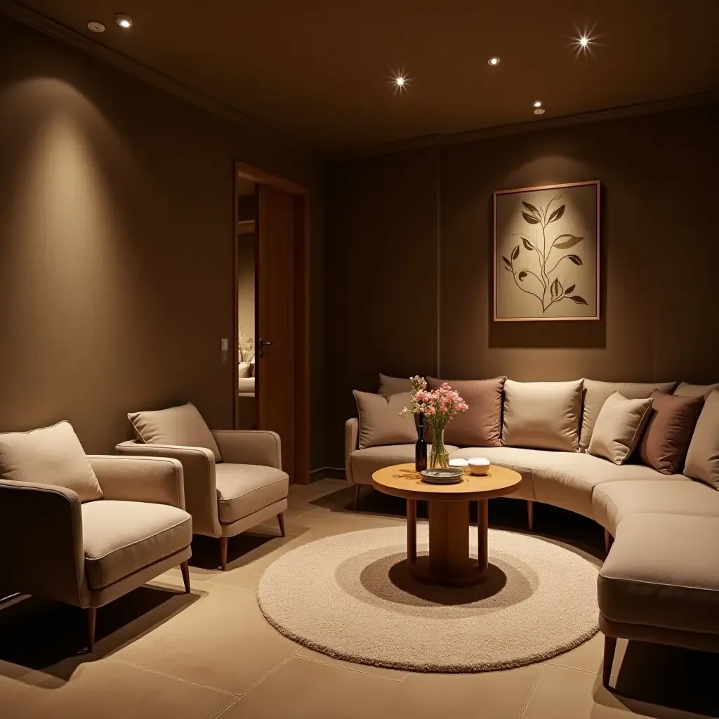 a photo of a basement with a cozy coffee corner and soft seating