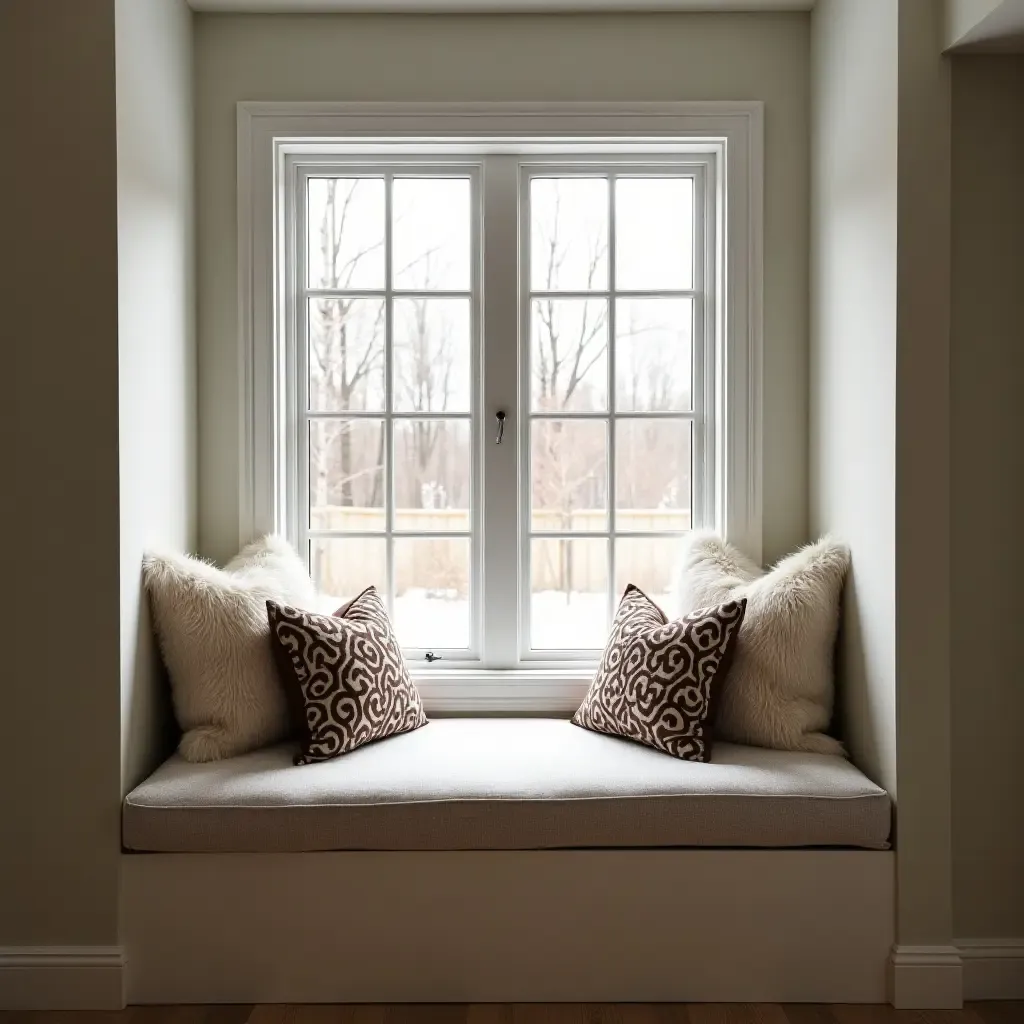 a photo of a basement reading nook adorned with plush throw pillows on a window seat