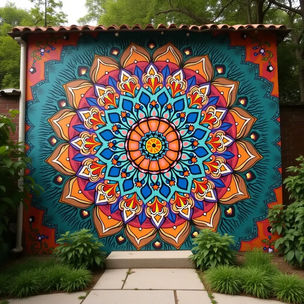 a photo of a mural with vibrant mandalas in a garden