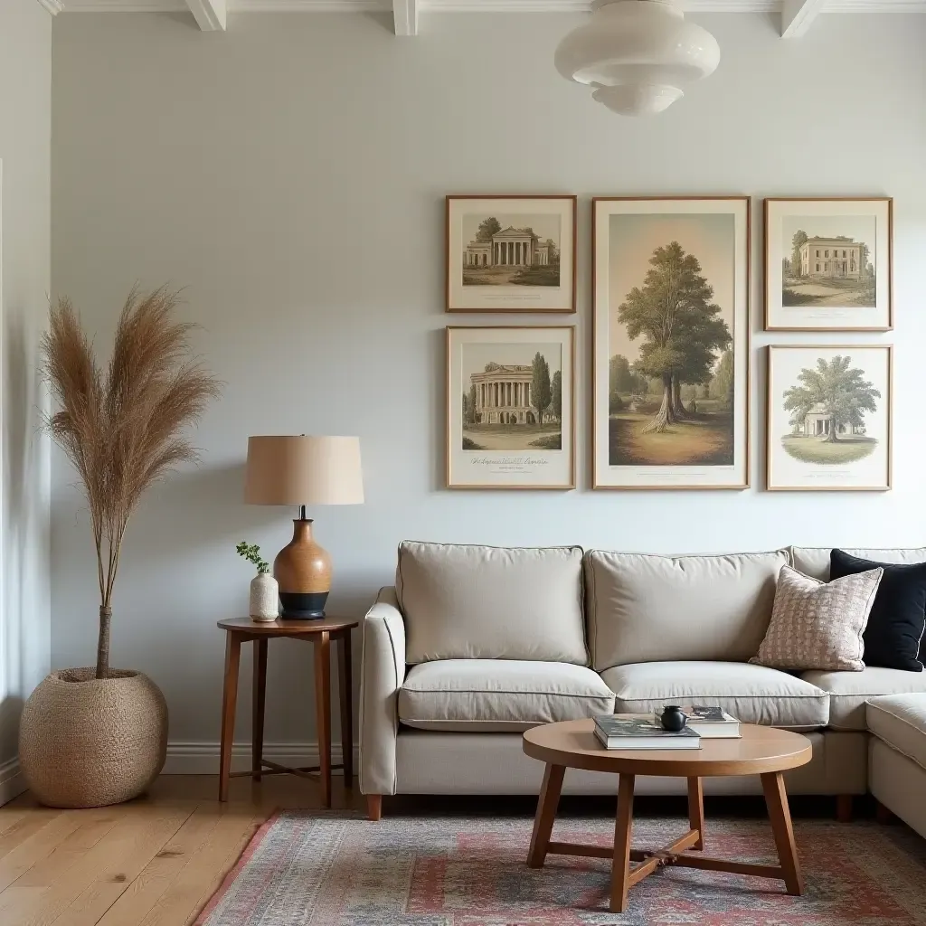 a photo of a living room featuring colonial-style artwork and framed historical prints