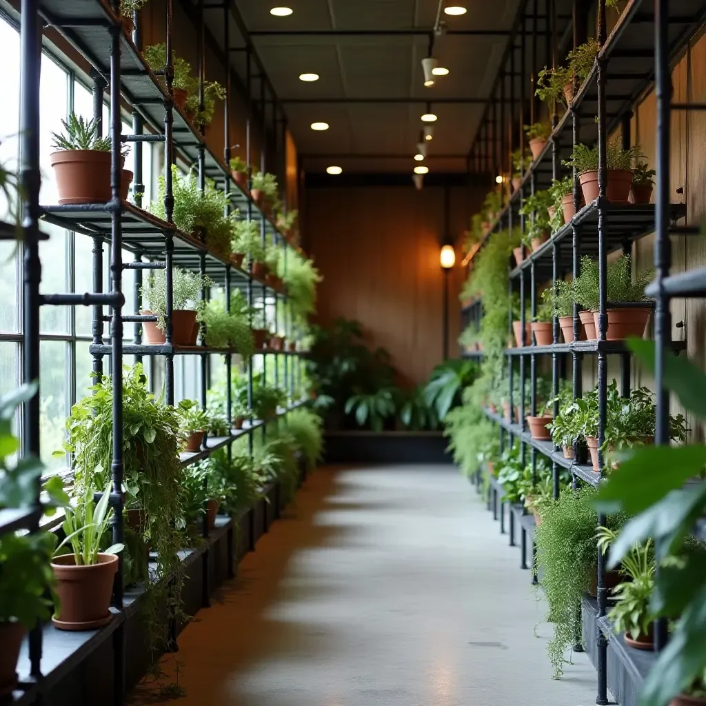 a photo of steel pipe shelving filled with plants in a corridor