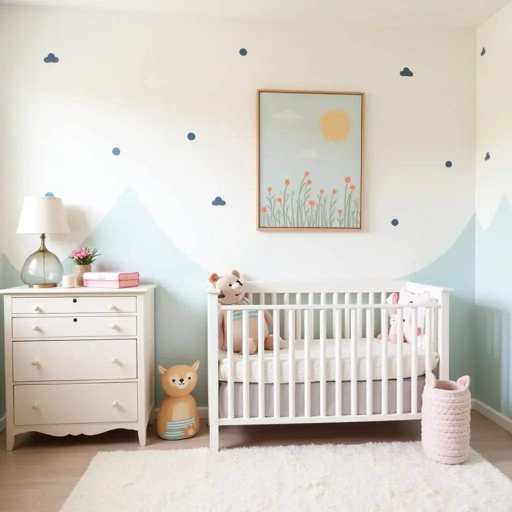 a photo of a whimsical animal-themed nursery with DIY painted furniture