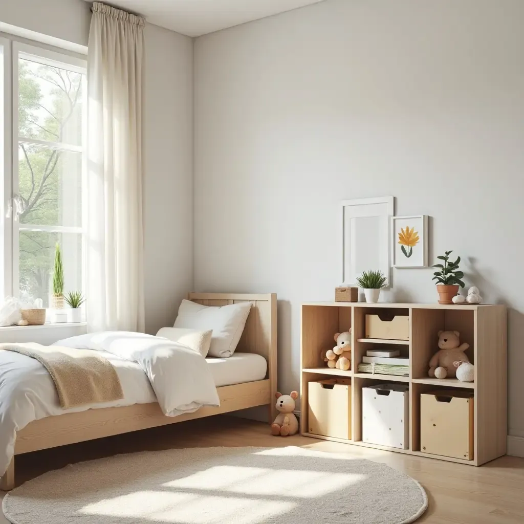 a photo of a bright bedroom with organized toy storage