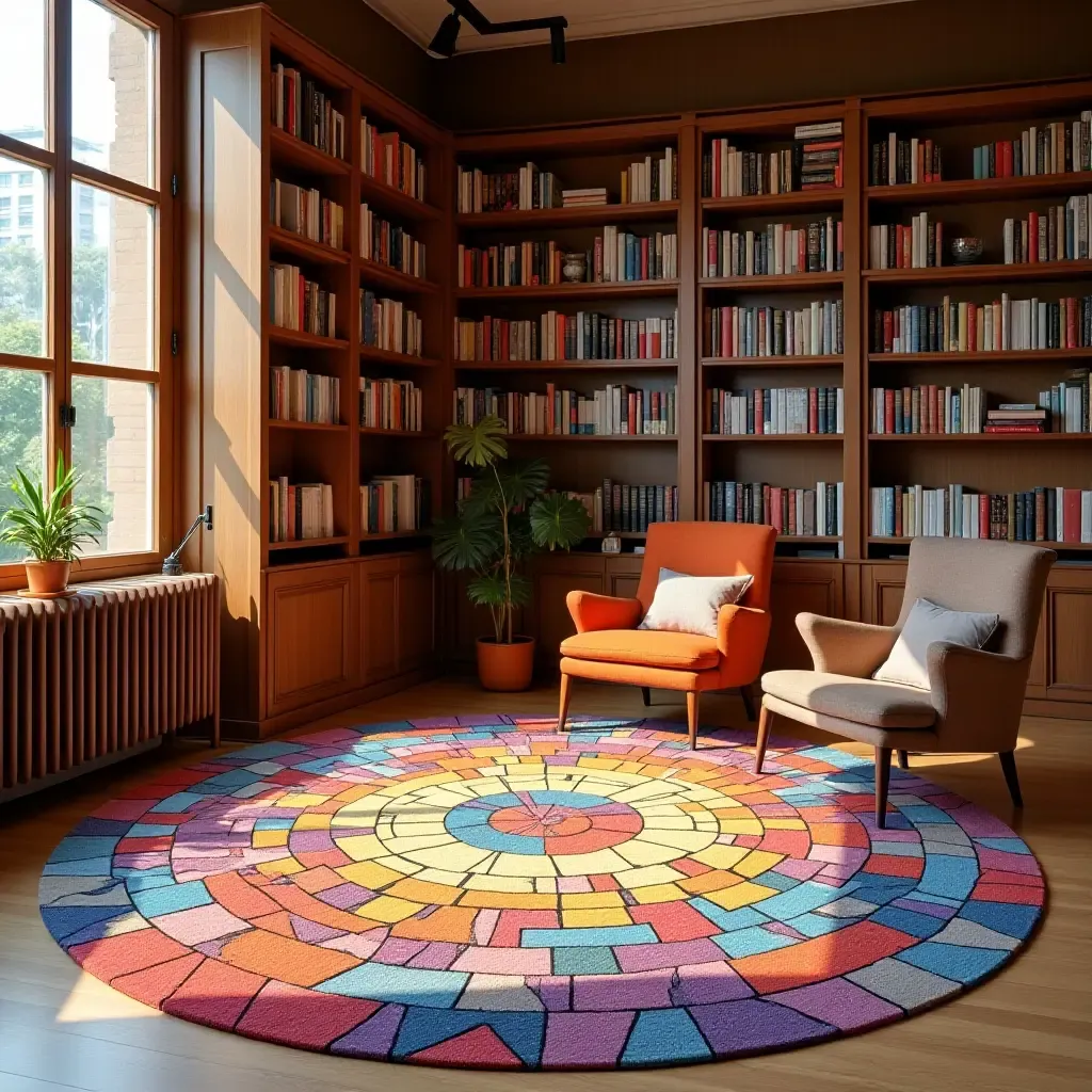 a photo of a colorful mosaic rug in a vibrant library corner