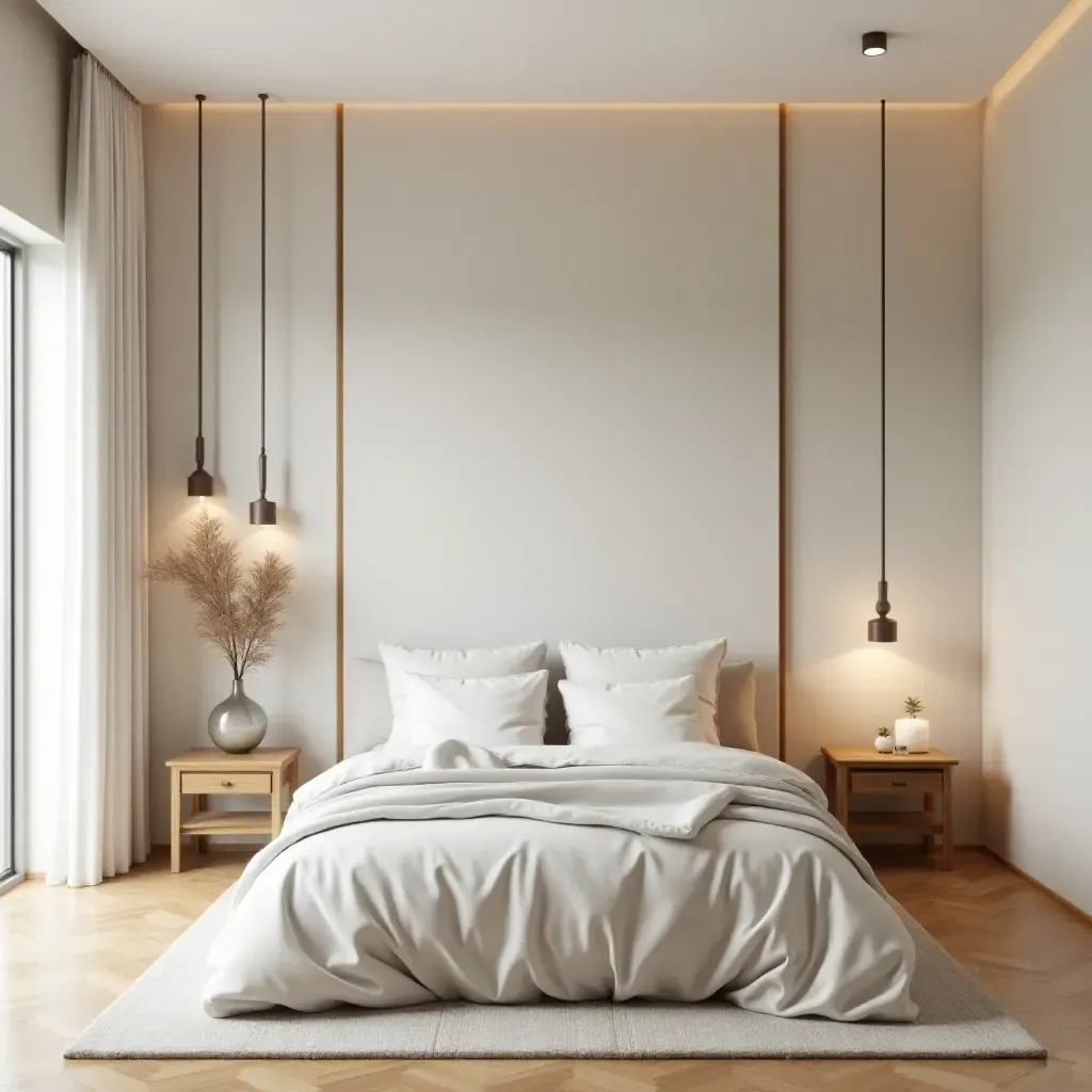 a photo of a bedroom with wooden accents and a calming palette