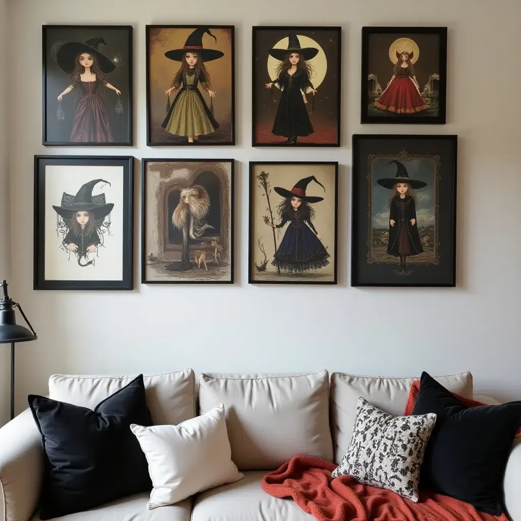 a photo of a wall gallery showcasing witchy art and prints