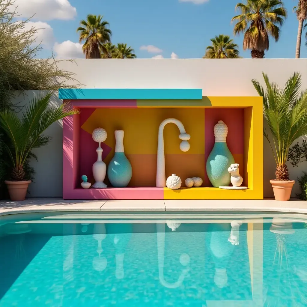 a photo of a colorful poolside shelf with artistic sculptures