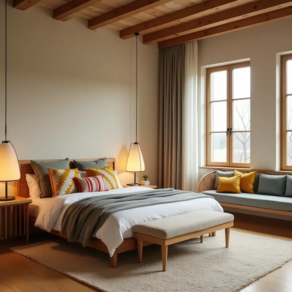 a photo of a bedroom with wooden furniture and colorful cushions