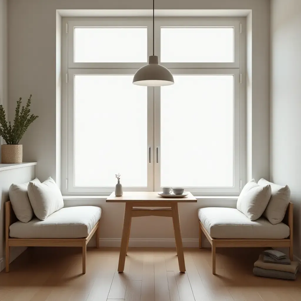 a photo of a minimalist breakfast nook with clean lines and natural light