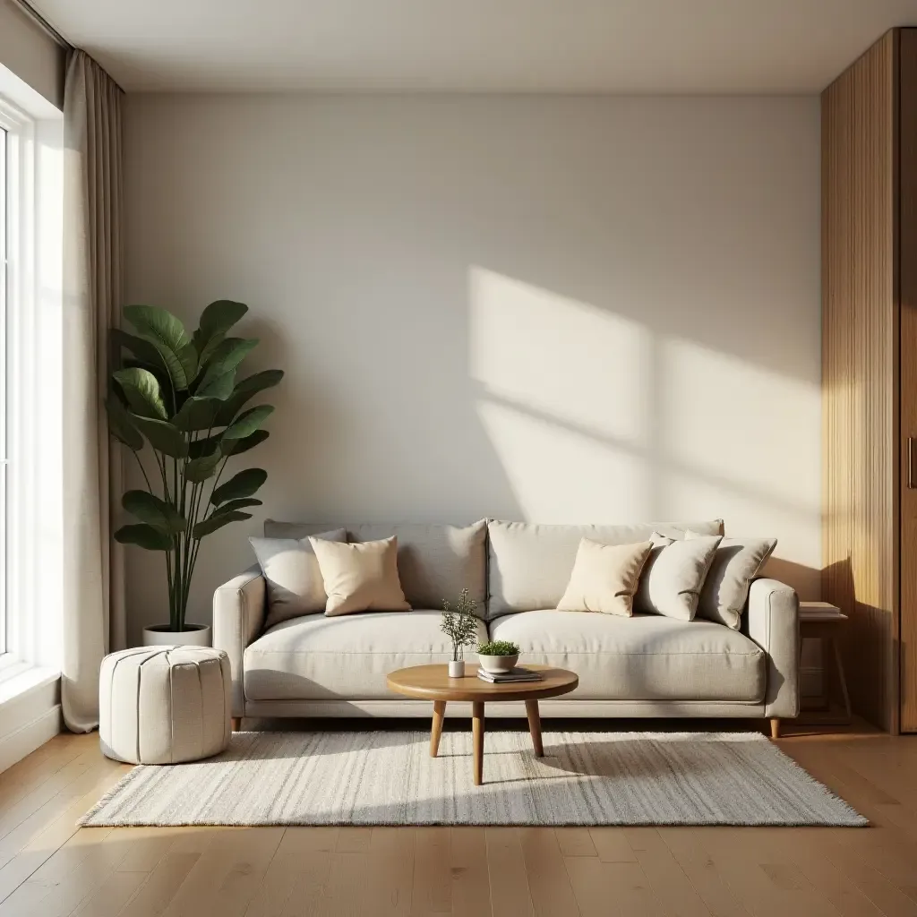 a photo of a small living room with soft, diffused lighting