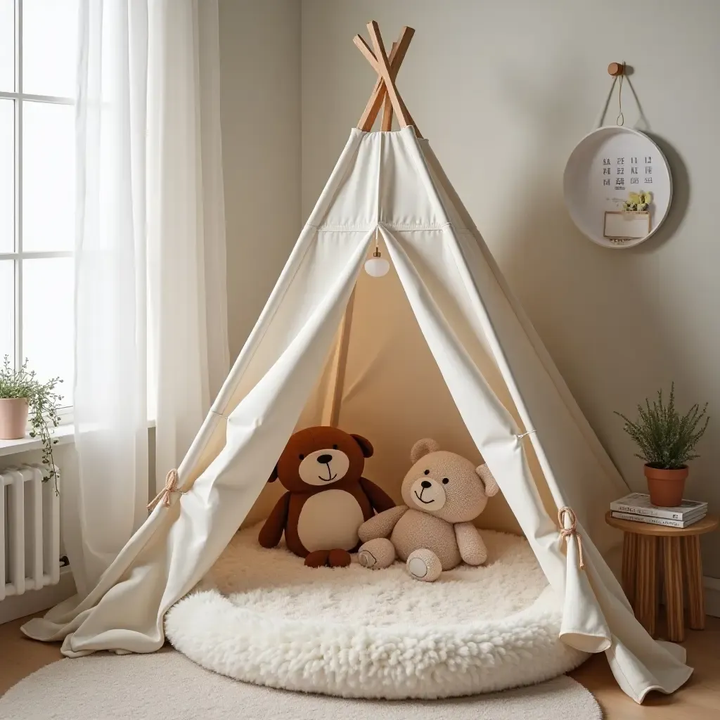 a photo of a reading nook featuring a tent and plush toys