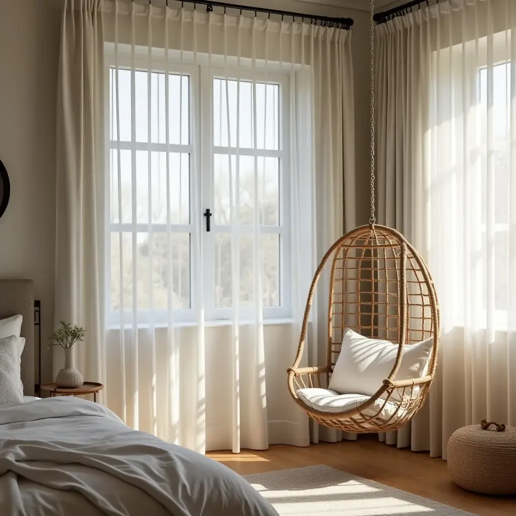 a photo of a serene bedroom featuring a hanging chair and soft lighting