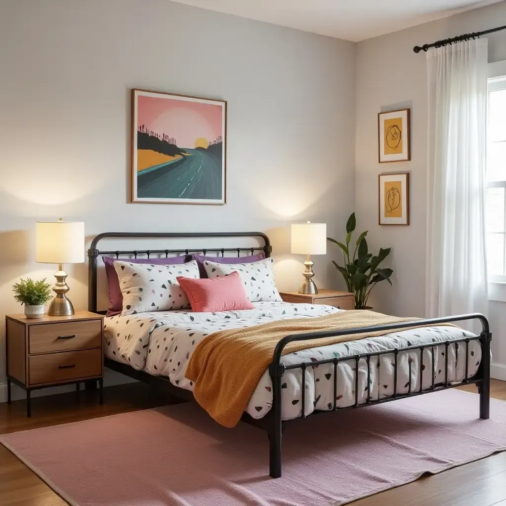 a photo of a chic teen bedroom with a stylish bed frame and colorful bedding