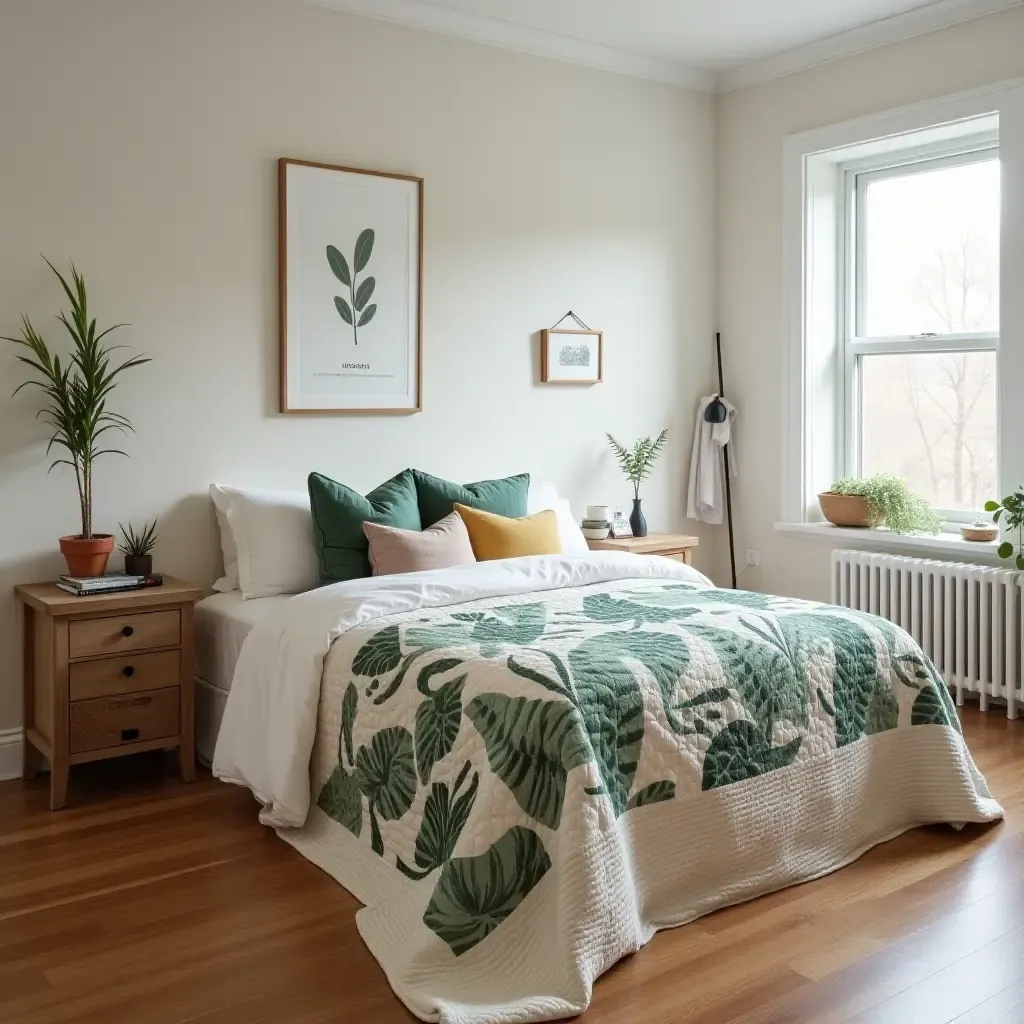 a photo of a cozy bedroom with a plant-themed quilt