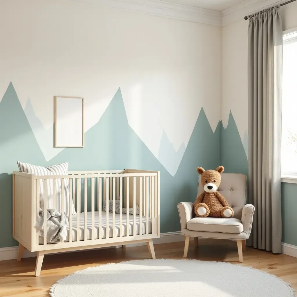 a photo of a nursery featuring a wall mural that enhances the reading nook