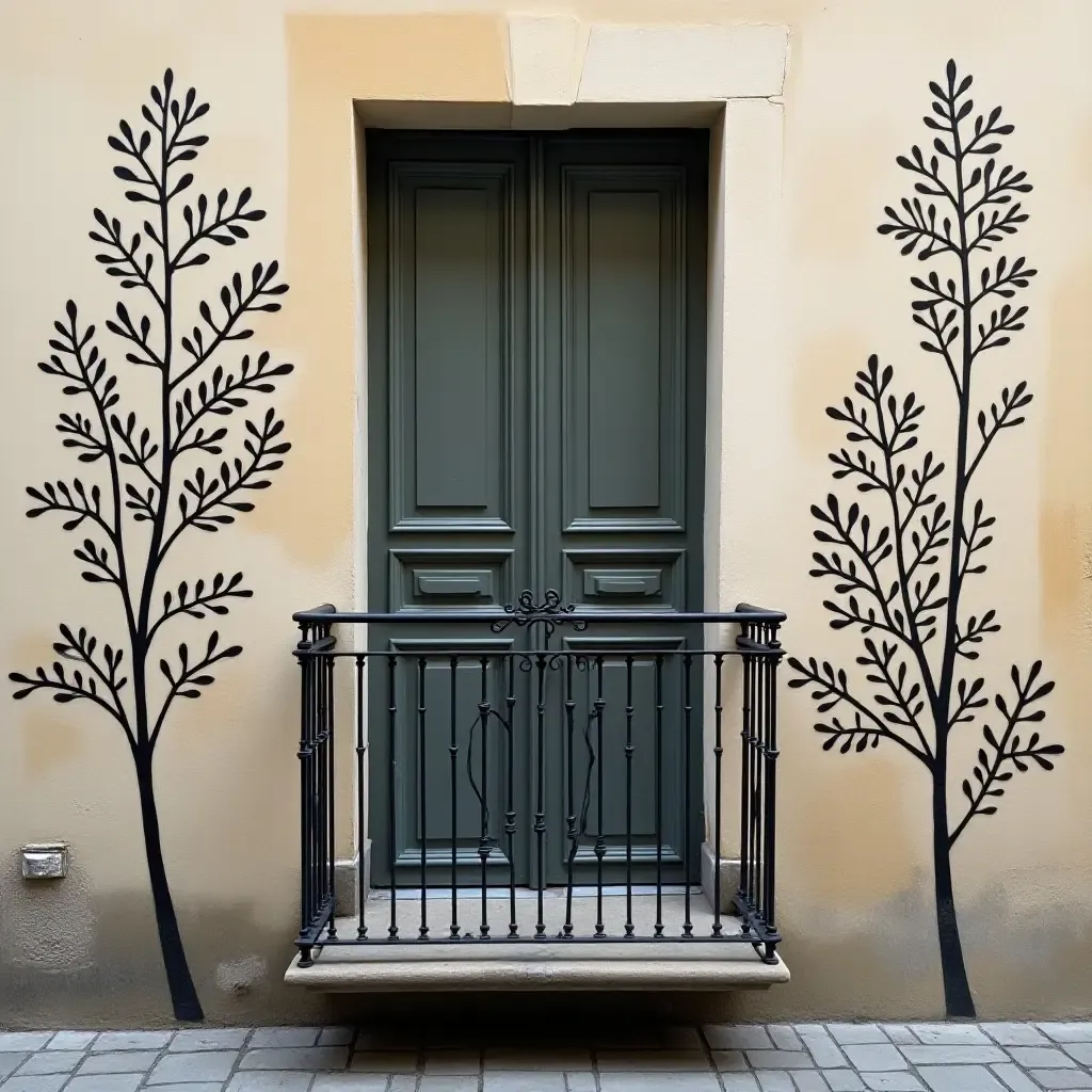 a photo of a balcony wall showcasing artistic stencils