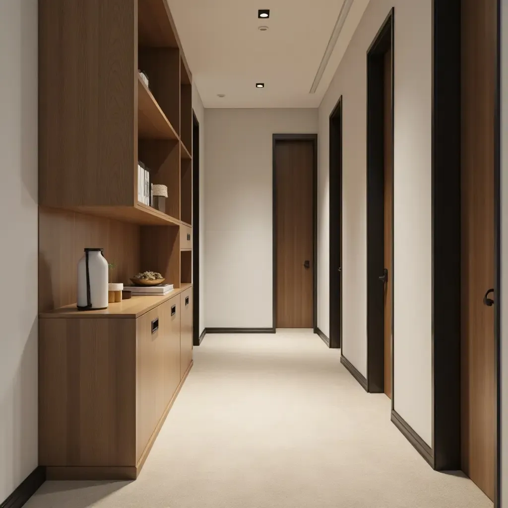 a photo of a narrow corridor with innovative space-saving furniture