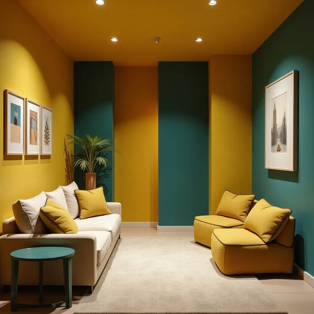 a photo of a basement featuring a lively combination of mustard and teal