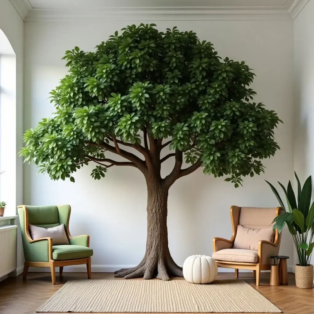 a photo of a nursery with a large indoor tree as a focal point