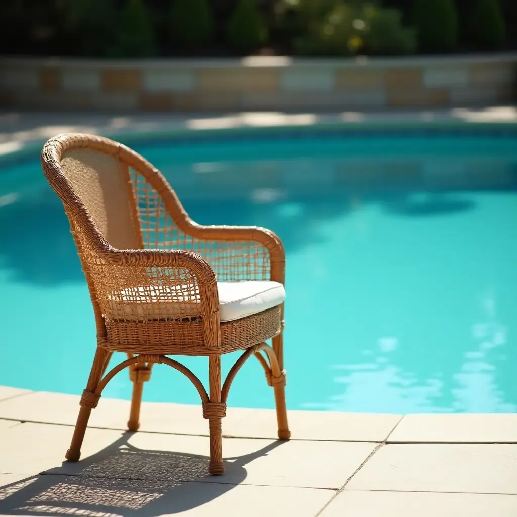 a photo of a vintage wicker chair beside a shimmering pool