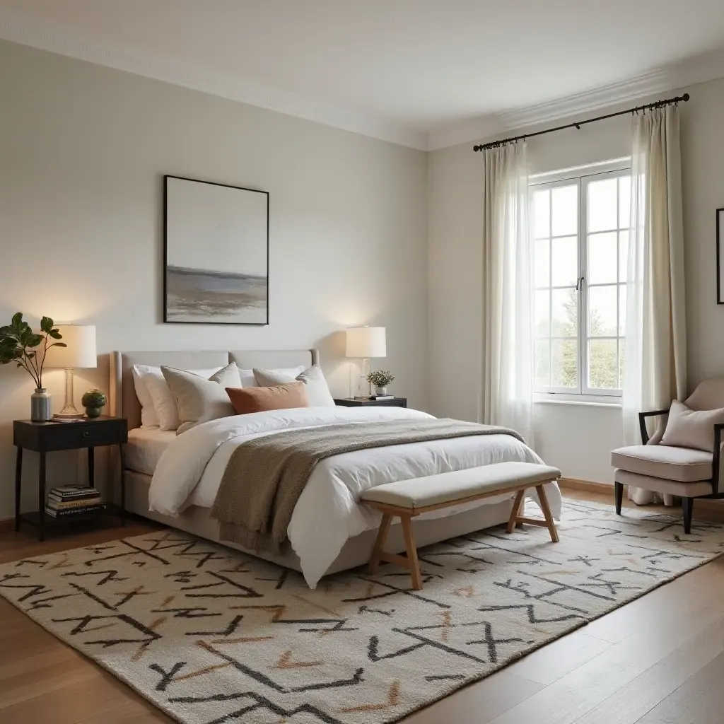 a photo of a geometric patterned rug in a cozy bedroom