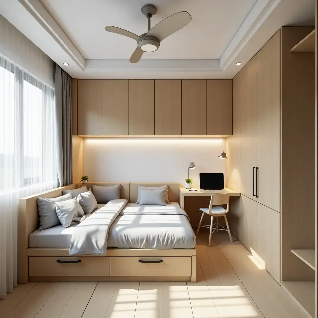 a photo of a shared bedroom with a dual-function bed and organized study zones