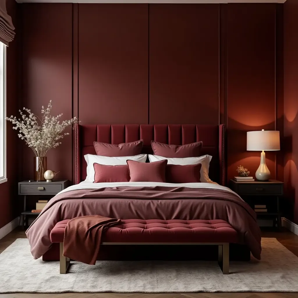 a photo of a master bedroom with rich burgundy tones and layered bedding