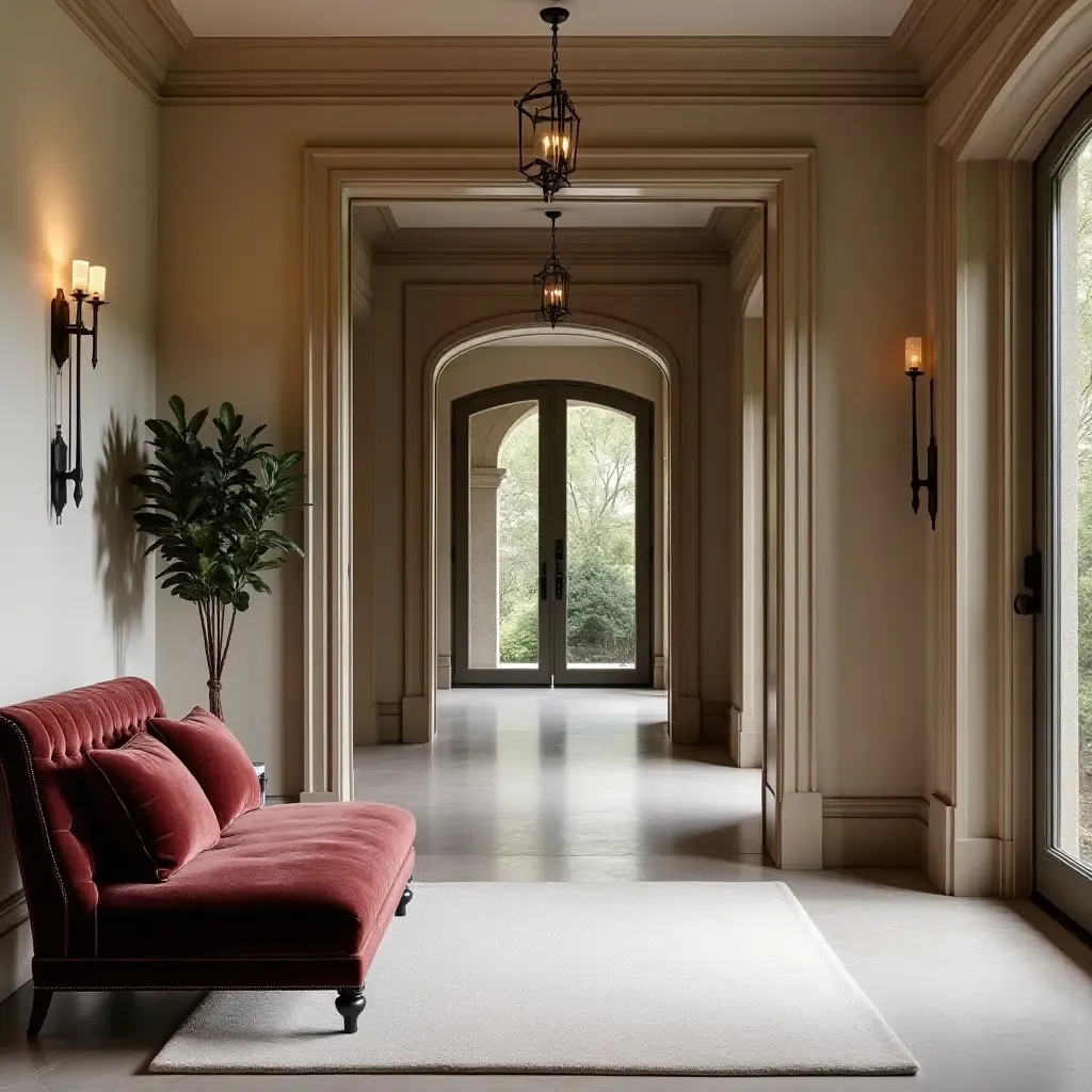 a photo of a luxurious entrance hall with velvet throw pillows on a chaise lounge