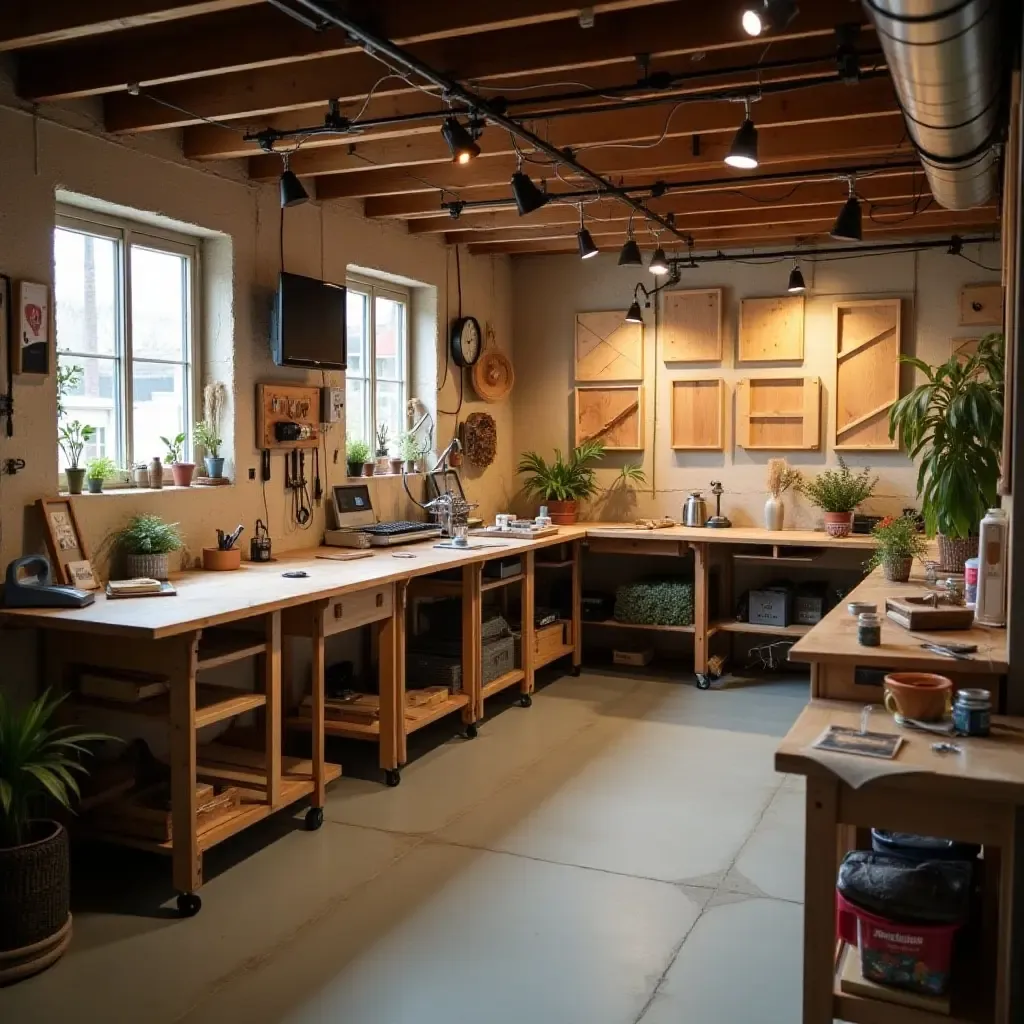 a photo of a basement workshop with creative DIY project displays