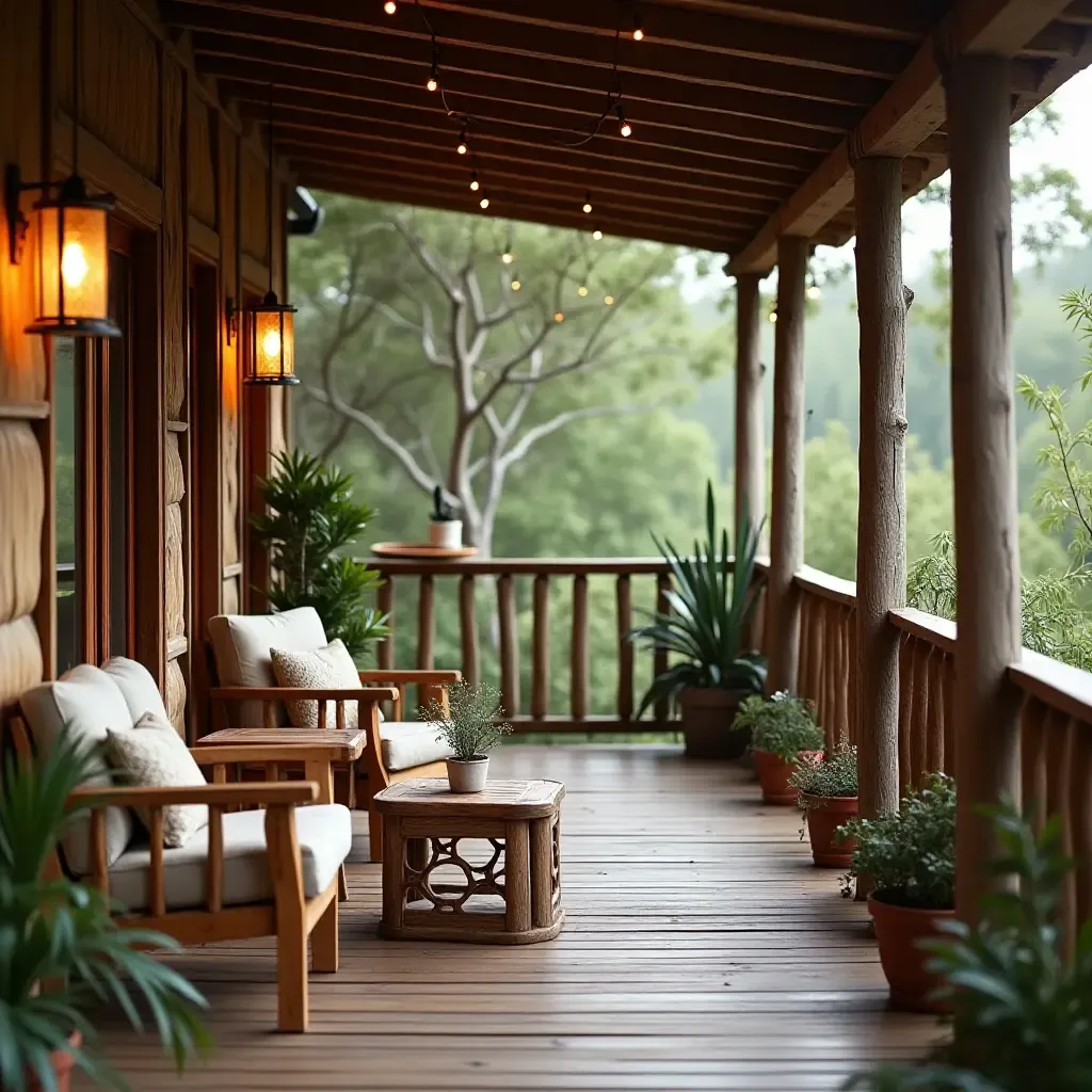 a photo of a rustic balcony featuring wooden furniture and hanging lanterns