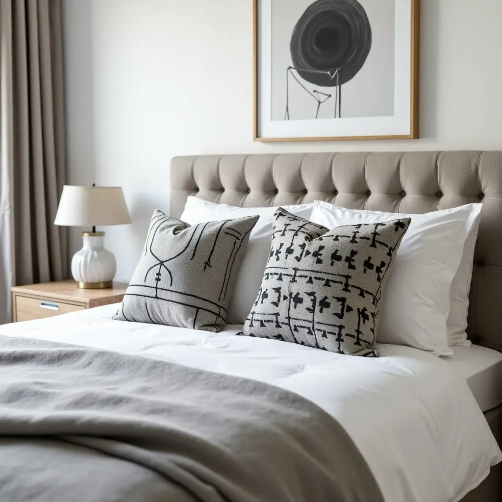 a photo of a contemporary bedroom with monochrome throw pillows