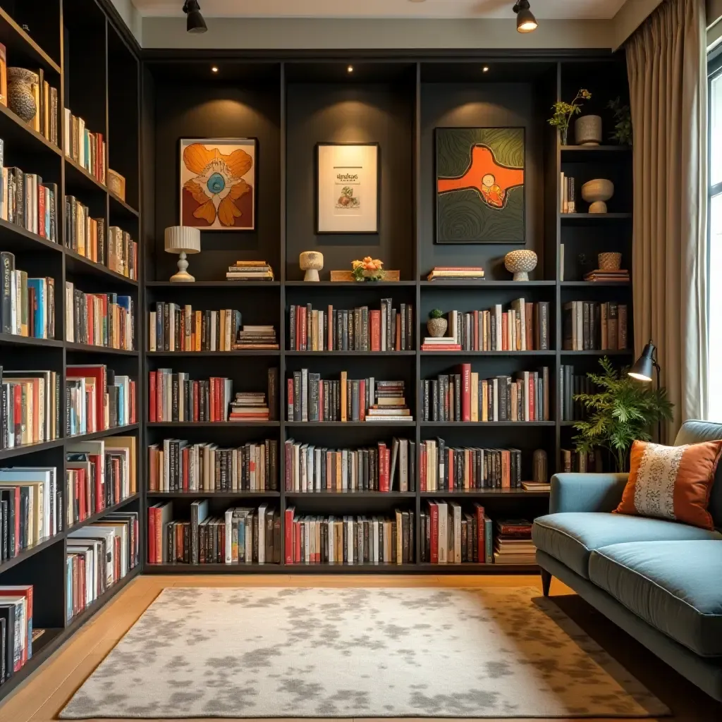 a photo of a library with a whimsical theme and organized book storage