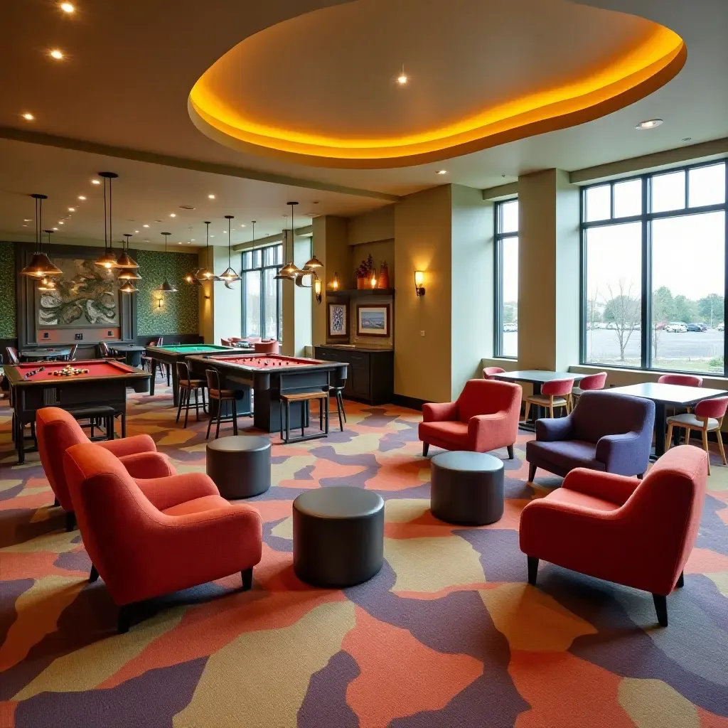 a photo of a family-oriented lounge area with colorful seating and games