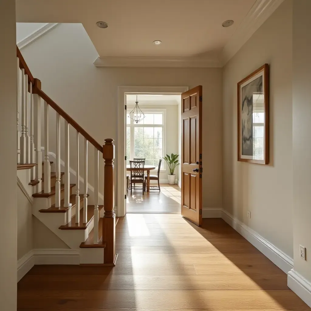 a photo of a wooden staircase leading to an entrance hall