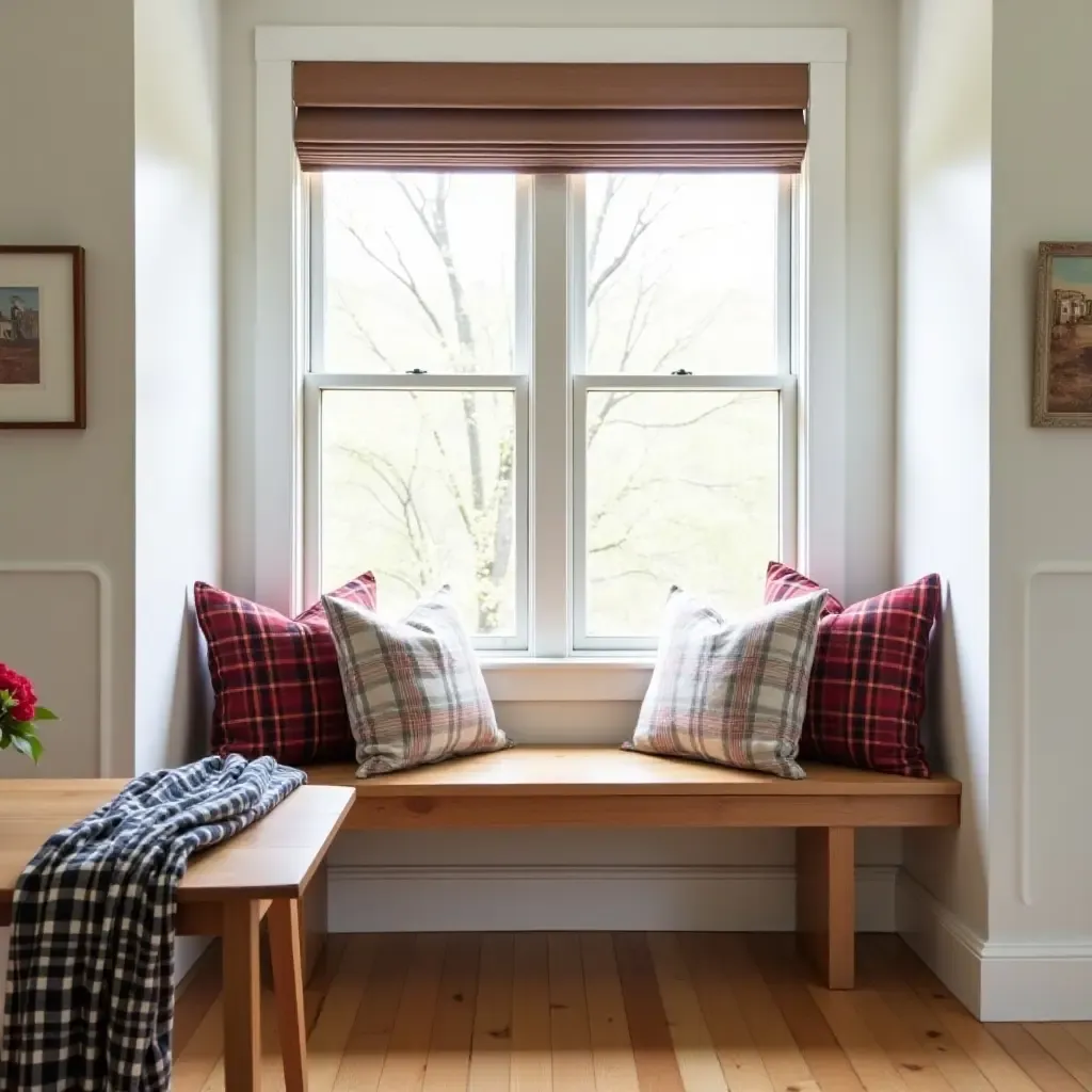 a photo of a cozy kitchen nook with a wooden bench and plaid pillows