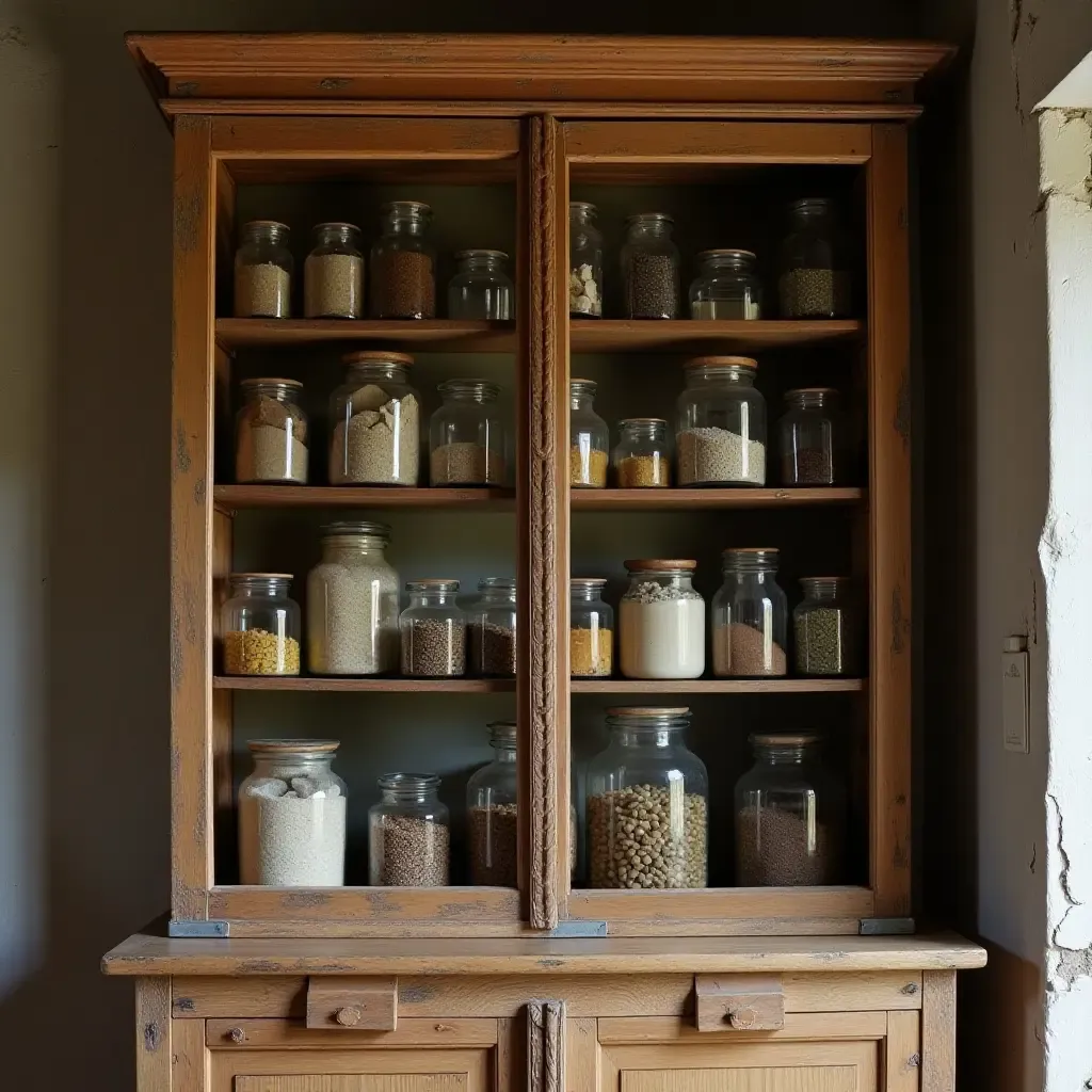 a photo of a rustic wooden cabinet filled with vintage jars