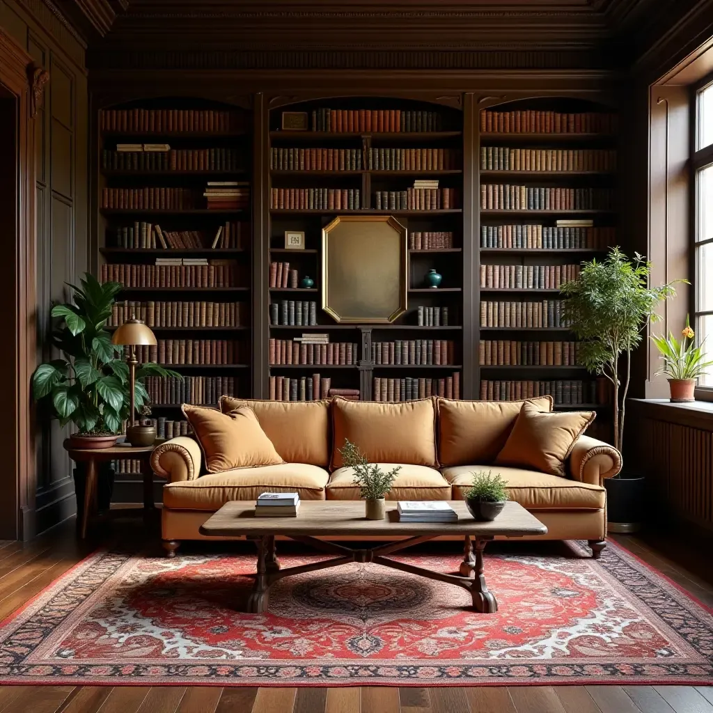 a photo of a vintage-inspired rug with classic motifs in a library