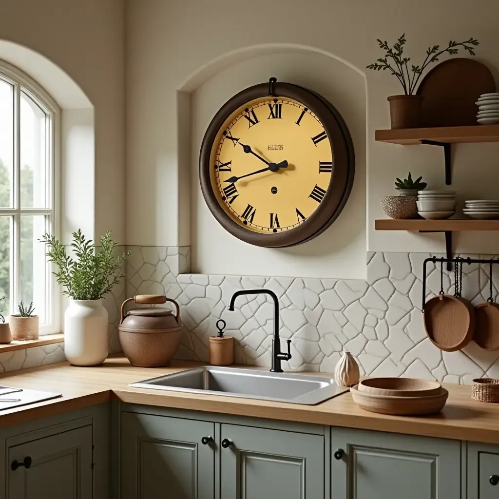 a photo of a kitchen with a vintage Mediterranean-style clock