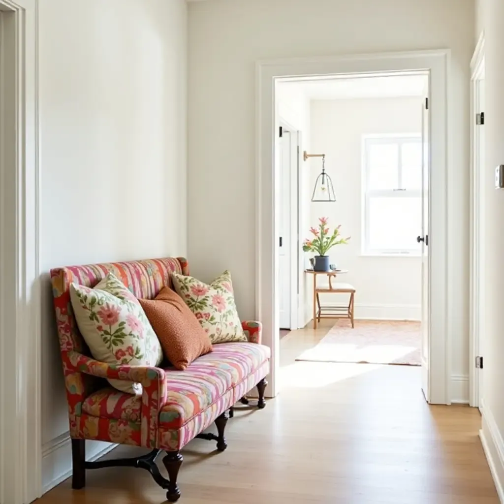 a photo of a colorful upholstered bench with decorative pillows in a bright, airy hallway