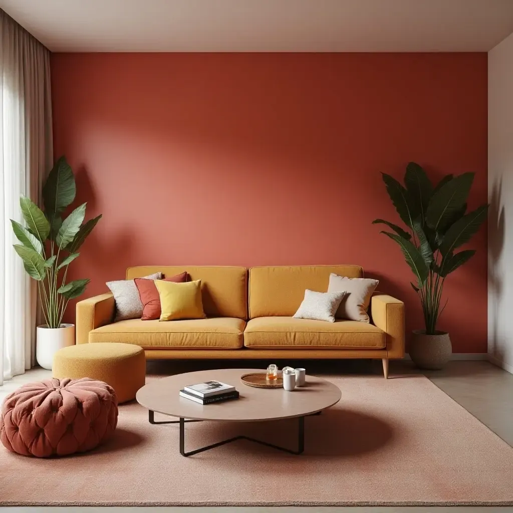 a photo of a living room with a bold accent wall color