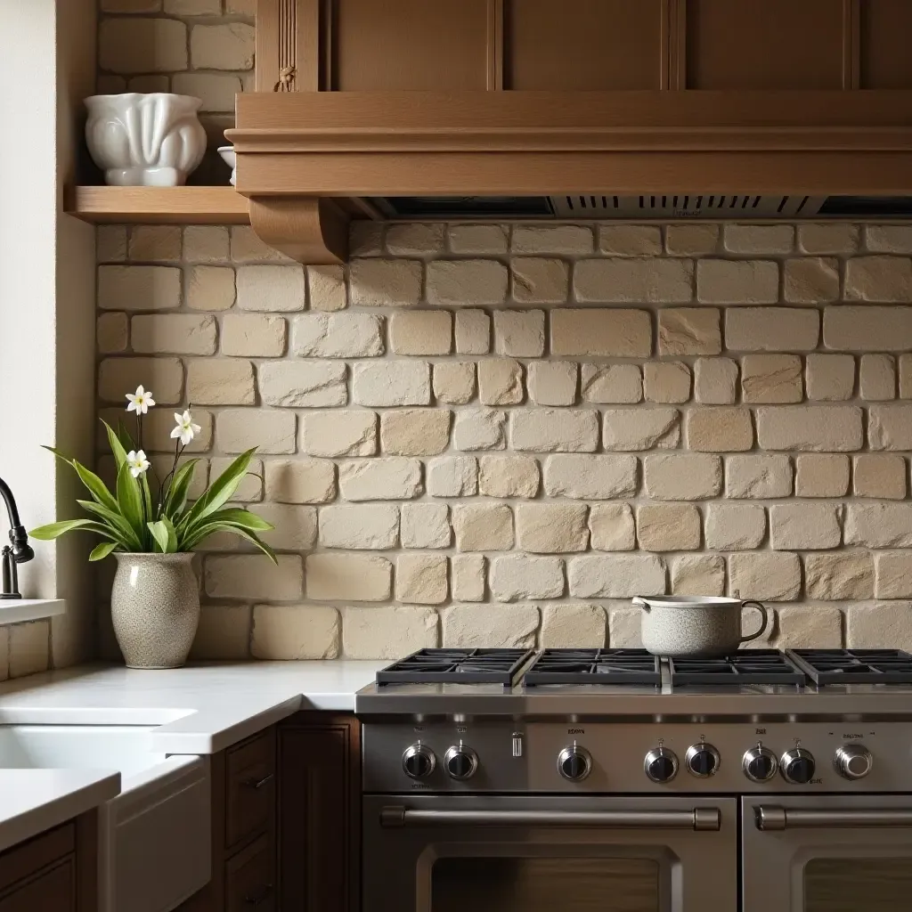 a photo of a unique split-face stone backsplash adding texture to a rustic kitchen