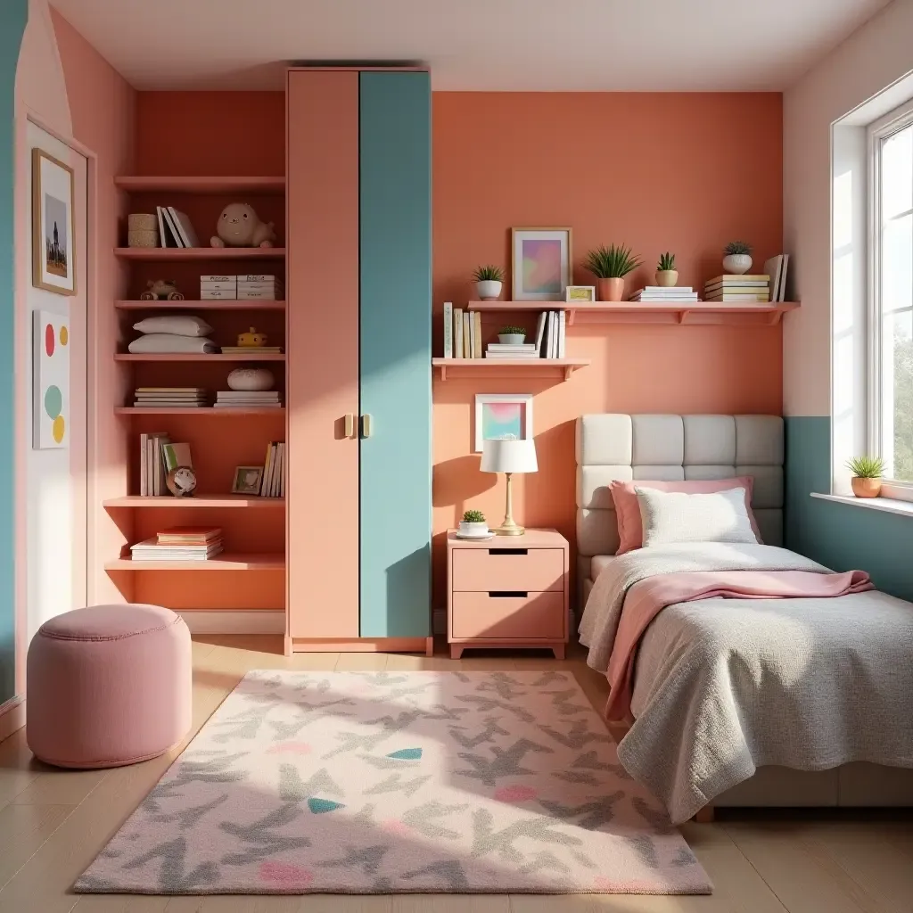 a photo of a vibrant teen room with wall-mounted storage solutions