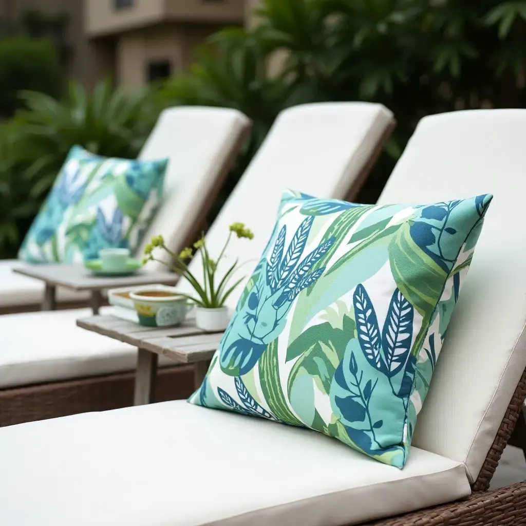 a photo of tropical-themed throw pillows on poolside chairs