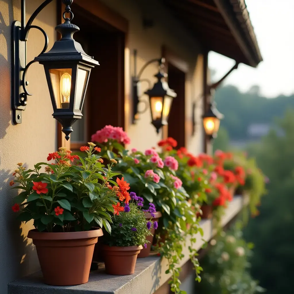 a photo of a balcony with antique garden lanterns and colorful flower pots