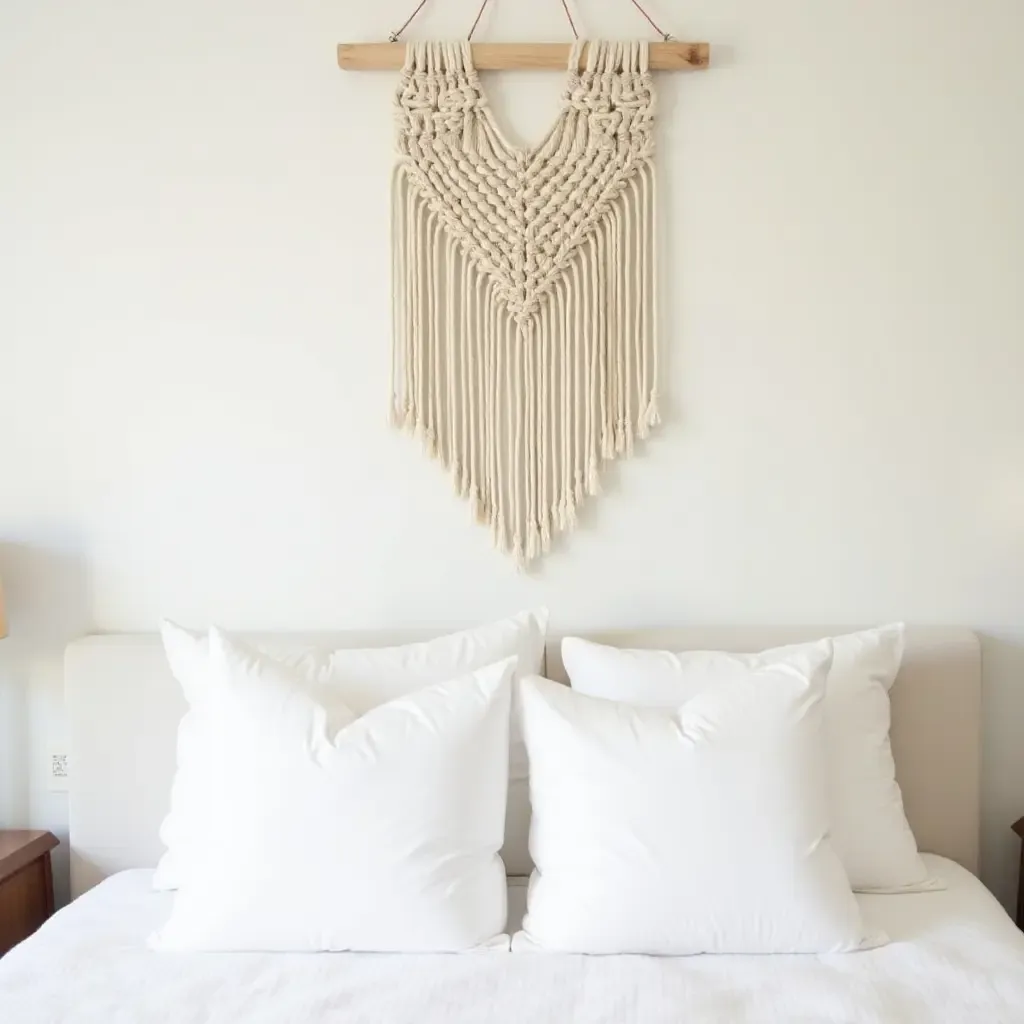 a photo of a handmade macramé wall hanging above the bed