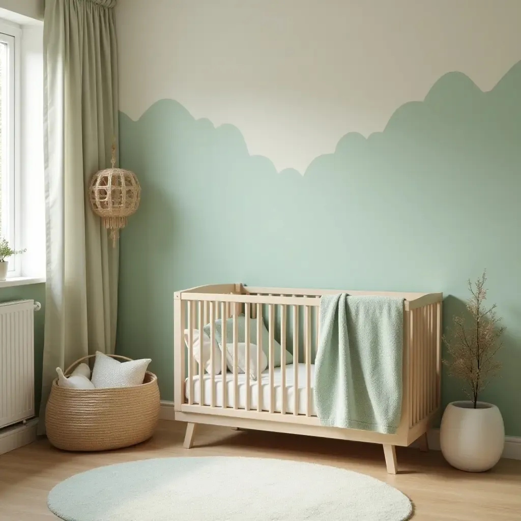 a photo of a nursery decorated in calming beige and seafoam green