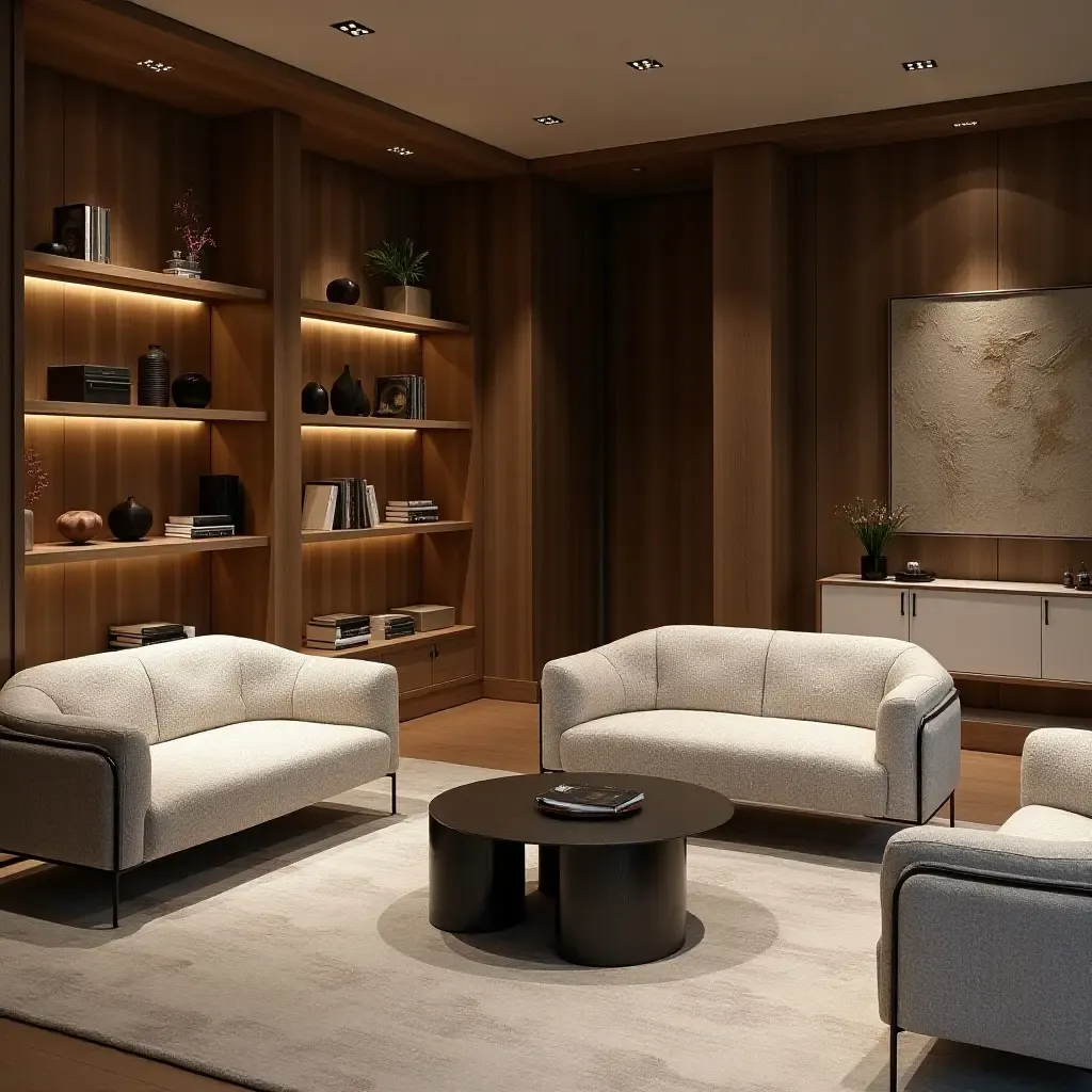 a photo of a chic basement with textured fabric sofas, wooden shelves, and metal coffee tables